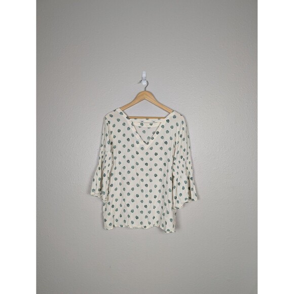 LOFT Tops - Loft White Green Leaf Print Blouse Large V Neck
